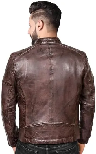 Dark Brown Casual Style Leather Jacket  Zipper Closure Fashion for Boys & Biker Fans