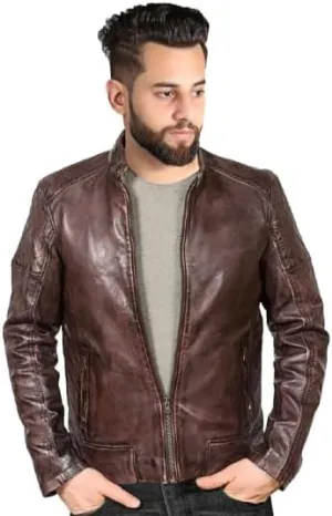 Dark Brown Casual Style Leather Jacket  Zipper Closure Fashion for Boys & Biker Fans