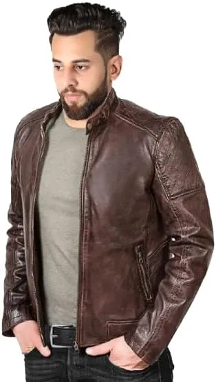 Dark Brown Casual Style Leather Jacket  Zipper Closure Fashion for Boys & Biker Fans