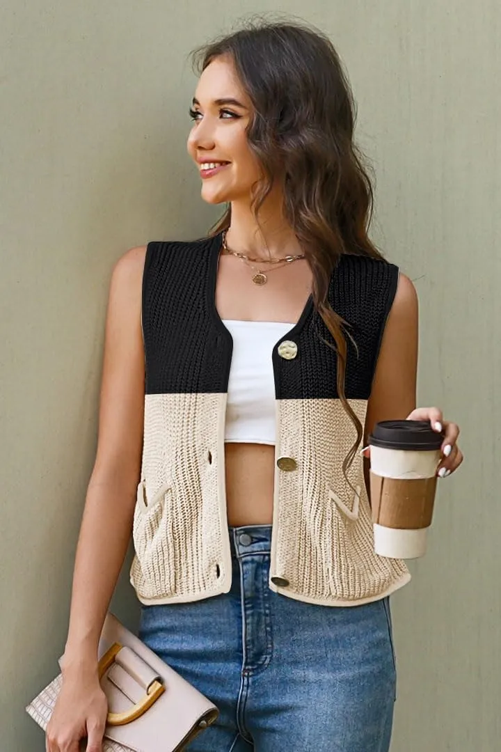 Disamer Sleeveless Sweater Vest for Women Crochet Knit Button Down Crop Cardigan Sleeveless Tank Tops with Pockets