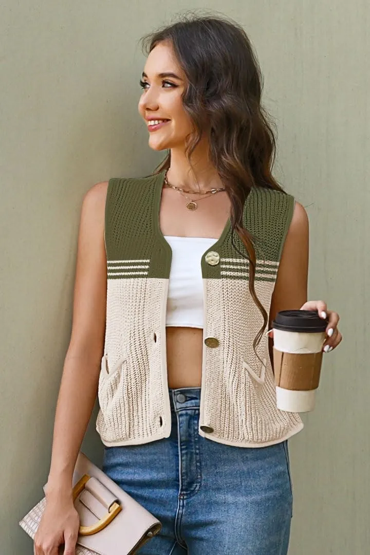 Disamer Sleeveless Sweater Vest for Women Crochet Knit Button Down Crop Cardigan Sleeveless Tank Tops with Pockets
