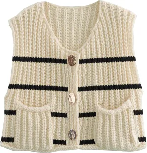 Disamer Sleeveless Sweater Vest for Women Crochet Knit Button Down Crop Cardigan Sleeveless Tank Tops with Pockets