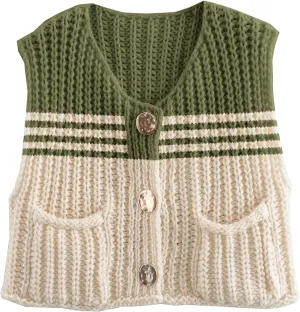 Disamer Sleeveless Sweater Vest for Women Crochet Knit Button Down Crop Cardigan Sleeveless Tank Tops with Pockets