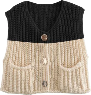 Disamer Sleeveless Sweater Vest for Women Crochet Knit Button Down Crop Cardigan Sleeveless Tank Tops with Pockets
