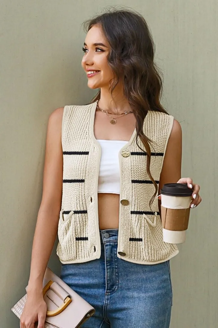 Disamer Sleeveless Sweater Vest for Women Crochet Knit Button Down Crop Cardigan Sleeveless Tank Tops with Pockets