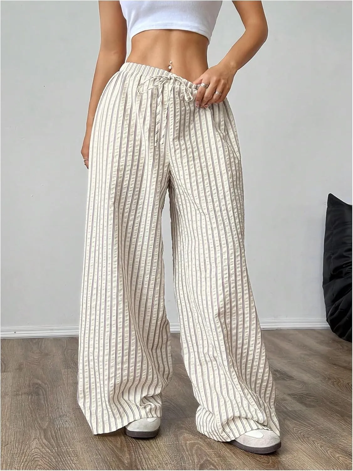 GORGLITTER Women's Striped Drawstring Waist Trousers Oversized Wide Leg Baggy Pants