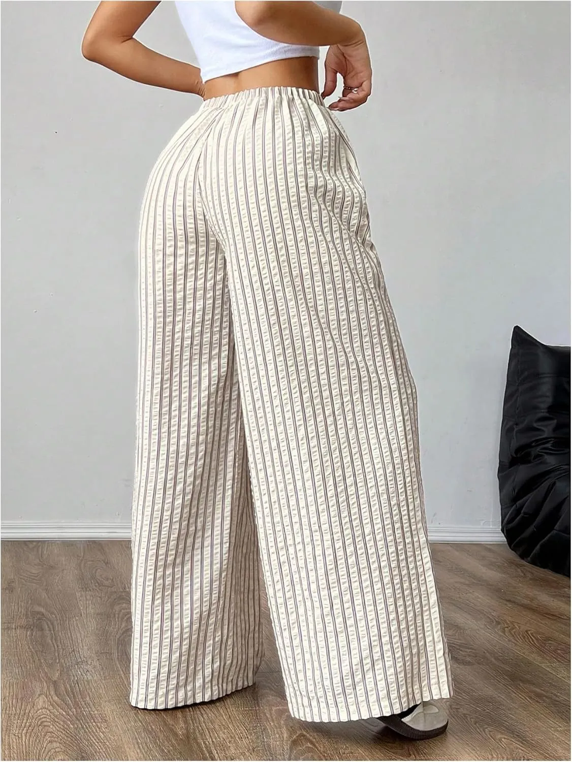 GORGLITTER Women's Striped Drawstring Waist Trousers Oversized Wide Leg Baggy Pants