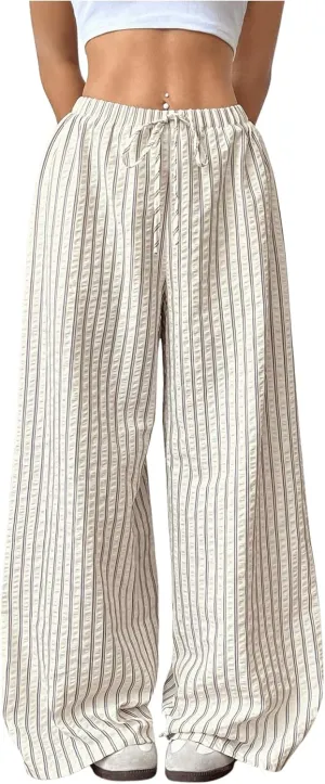 GORGLITTER Women's Striped Drawstring Waist Trousers Oversized Wide Leg Baggy Pants