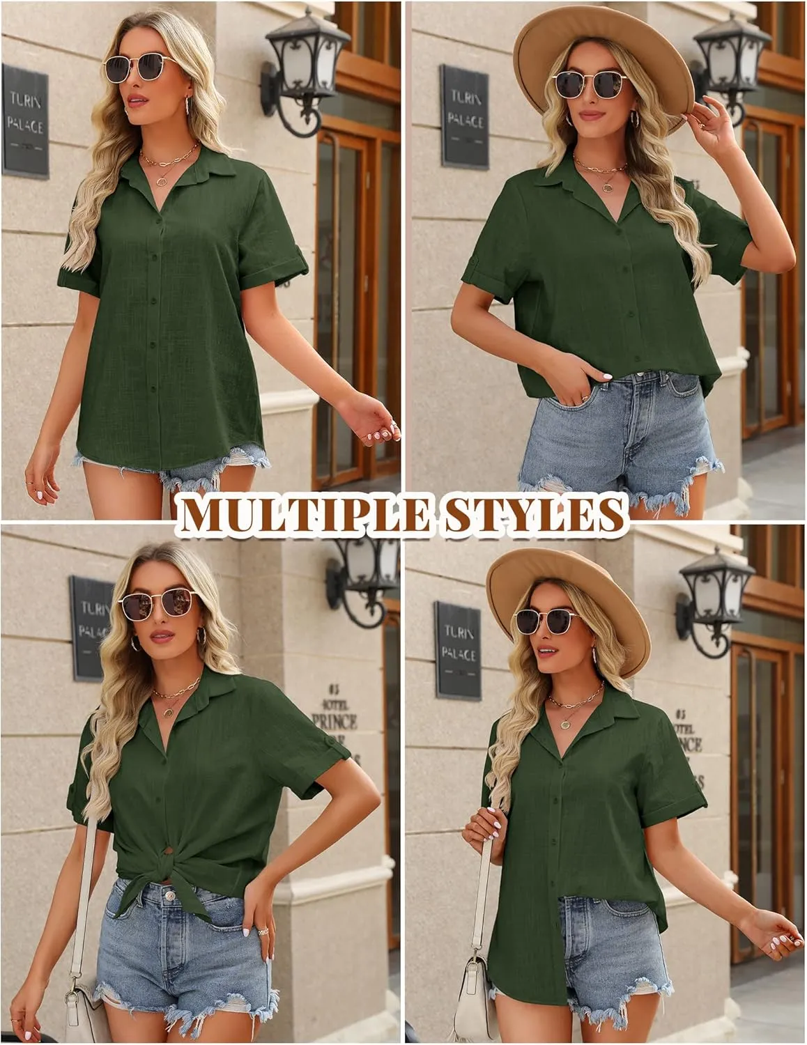 HOTOUCH Button Down Shirt Women Cotton Short Sleeve Blouses V Neck Collared Button Up Summer Beach Tops