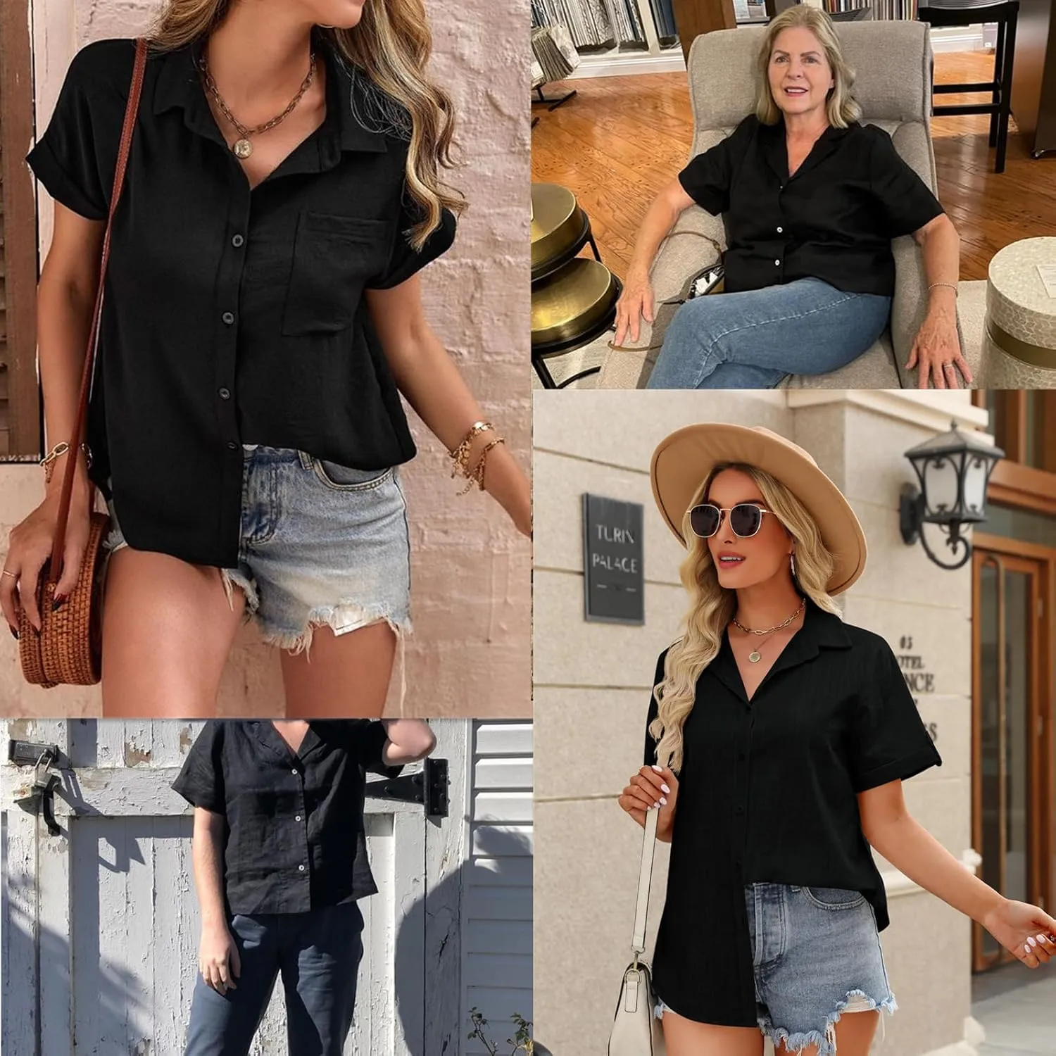 HOTOUCH Button Down Shirt Women Cotton Short Sleeve Blouses V Neck Collared Button Up Summer Beach Tops