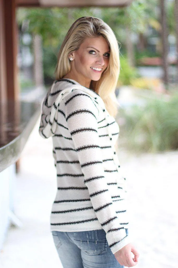 Ivory Striped Hoodie With Pocket