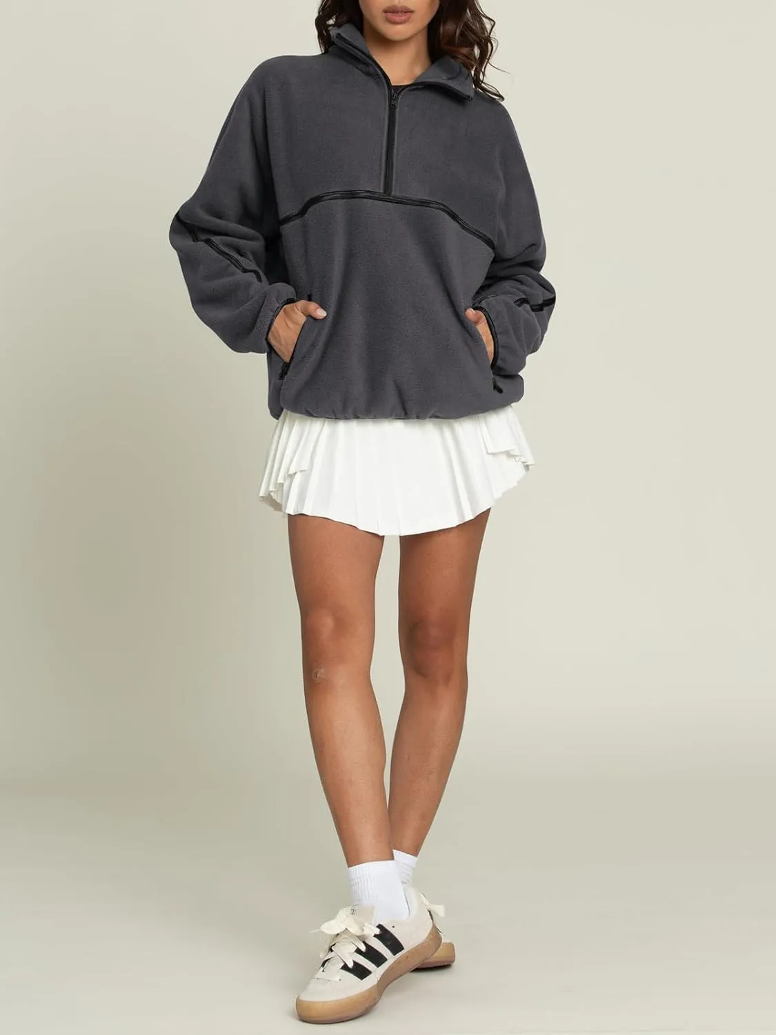 LASLULU Womens Half Zip Pullover Sweatshirt Sherpa Fleece Jacket Oversized Sweatshirts Warm Fuzzy Sweaters Pockets