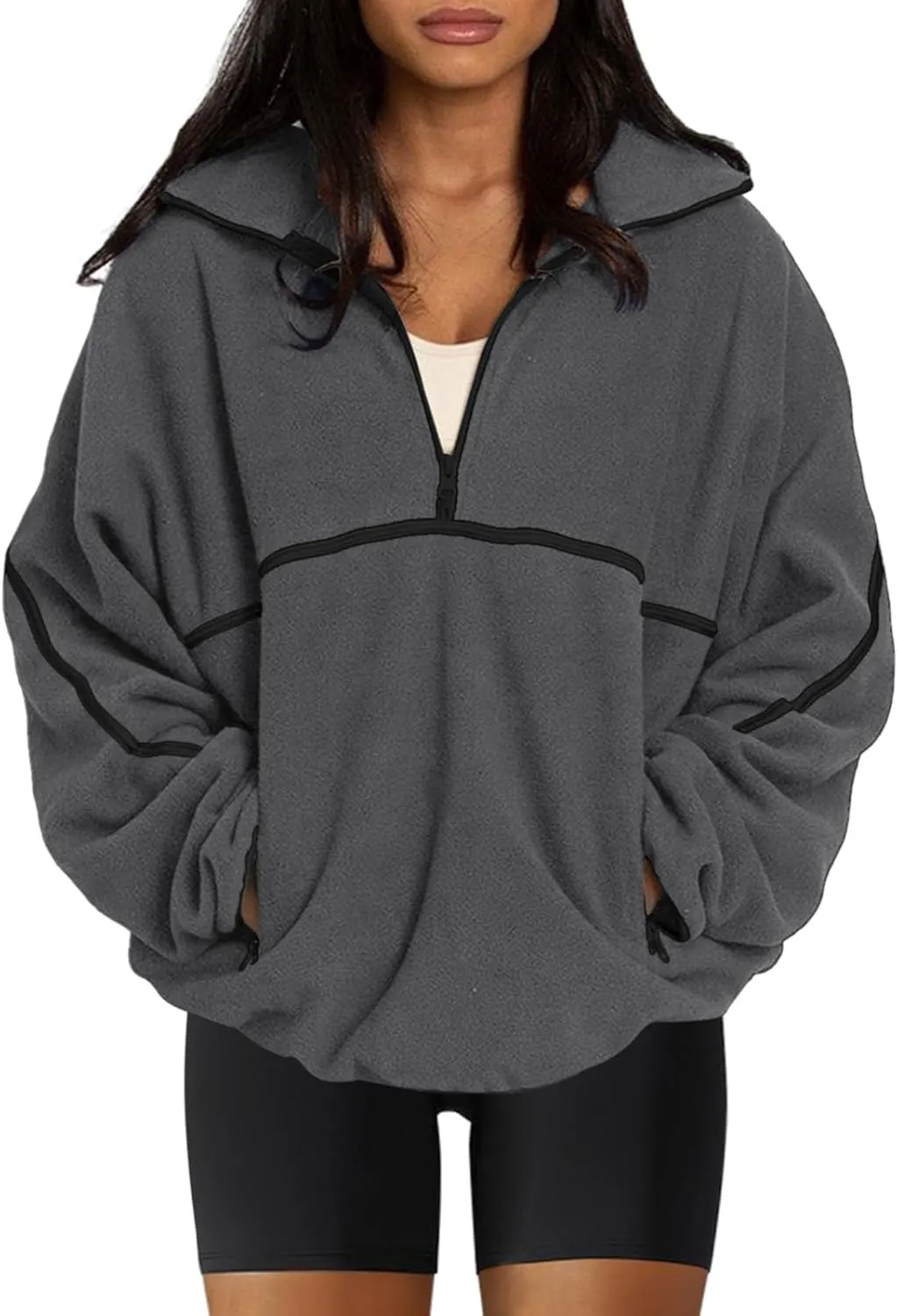 LASLULU Womens Half Zip Pullover Sweatshirt Sherpa Fleece Jacket Oversized Sweatshirts Warm Fuzzy Sweaters Pockets