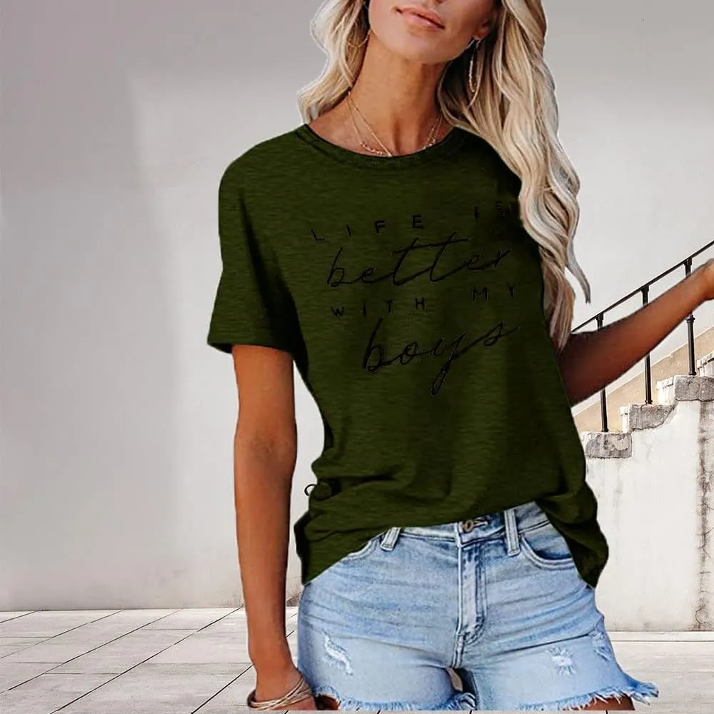 Life is Better with My Boys Women Funny Mom Gift Shirts Graphic Summer Short Athletic Casual Workout Tops