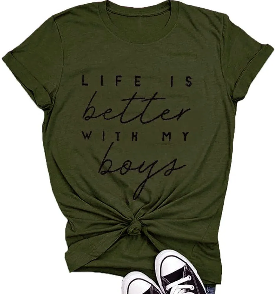 Life is Better with My Boys Women Funny Mom Gift Shirts Graphic Summer Short Athletic Casual Workout Tops