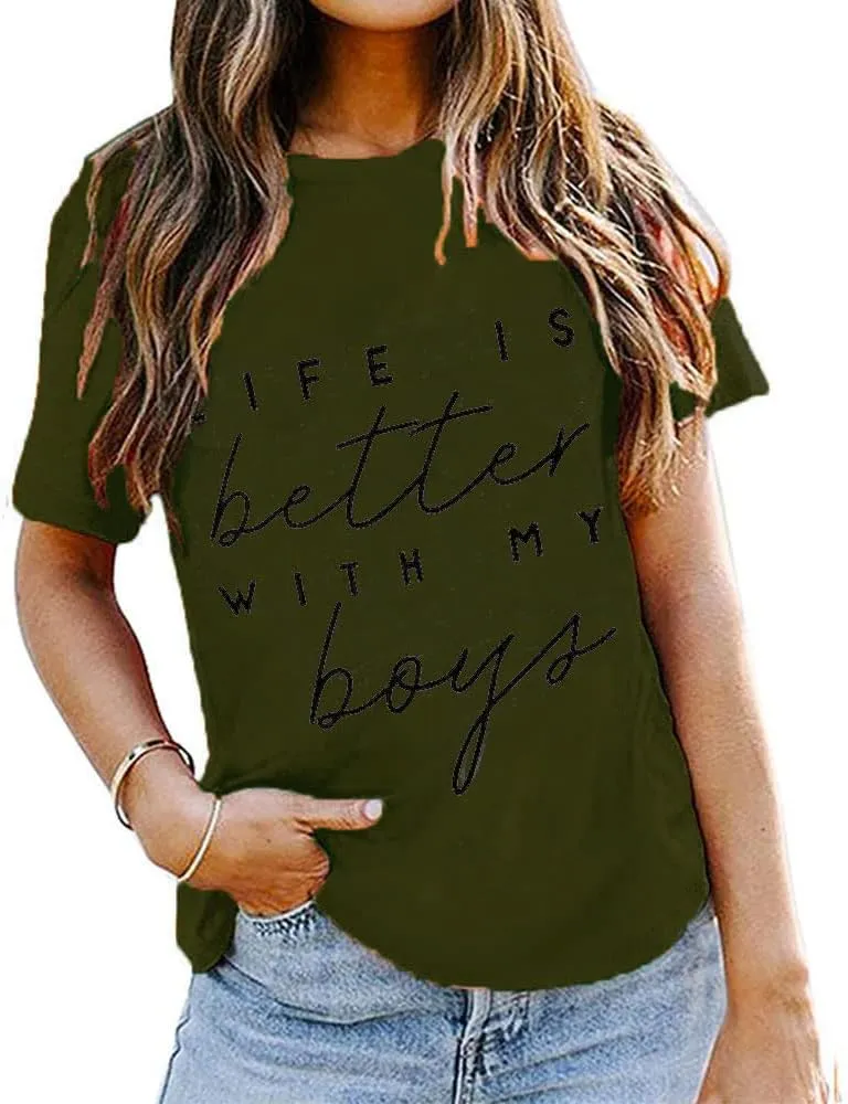 Life is Better with My Boys Women Funny Mom Gift Shirts Graphic Summer Short Athletic Casual Workout Tops