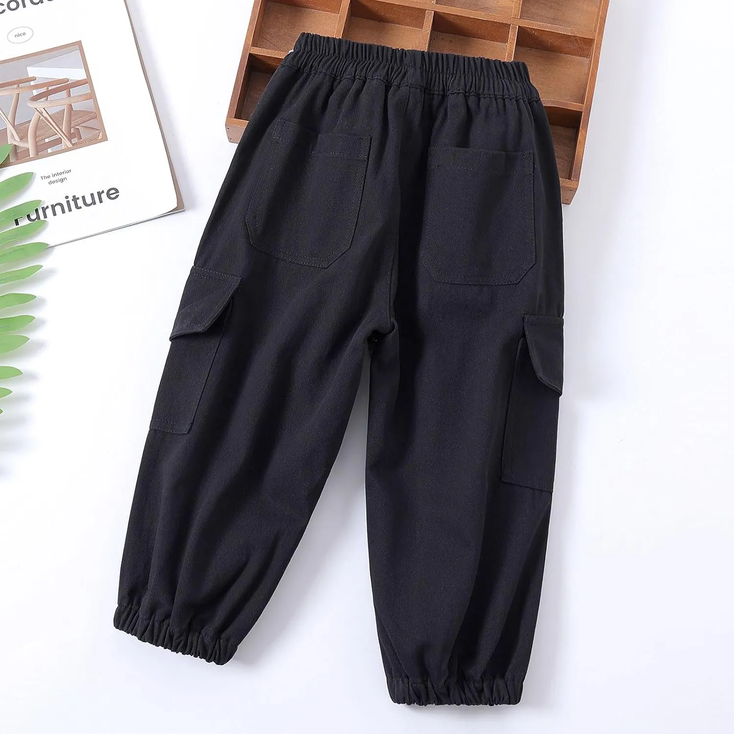 Little Boys Cargo Jogger Pants Toddler Kids Multi Pocket Twill Casual Trousers with Elastic Hem (Age 2-7Years)