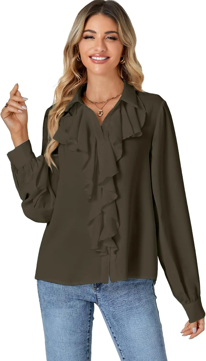 LYANER Women's Dressy Ruffle Blouse Long Sleeve Collar Neck Button Down Victorian Shirt Tops