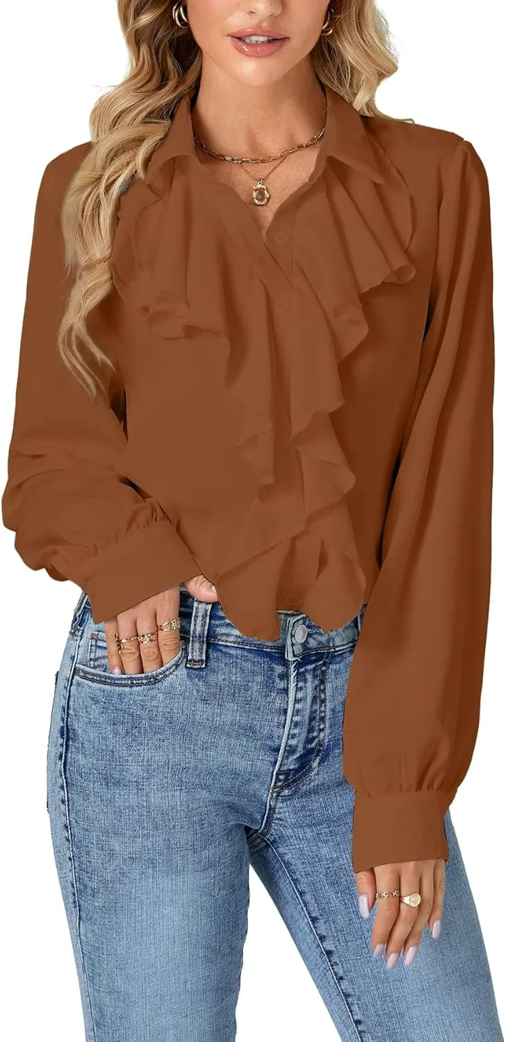 LYANER Women's Dressy Ruffle Blouse Long Sleeve Collar Neck Button Down Victorian Shirt Tops