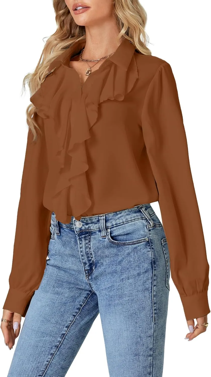 LYANER Women's Dressy Ruffle Blouse Long Sleeve Collar Neck Button Down Victorian Shirt Tops