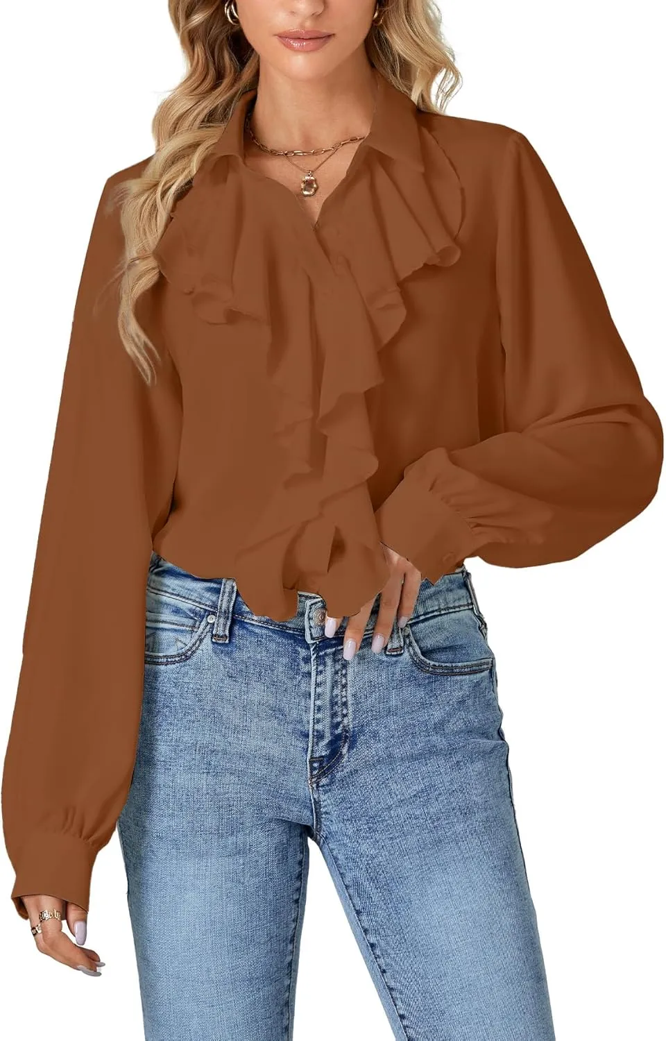 LYANER Women's Dressy Ruffle Blouse Long Sleeve Collar Neck Button Down Victorian Shirt Tops