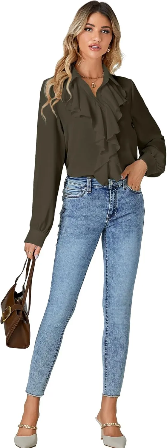 LYANER Women's Dressy Ruffle Blouse Long Sleeve Collar Neck Button Down Victorian Shirt Tops