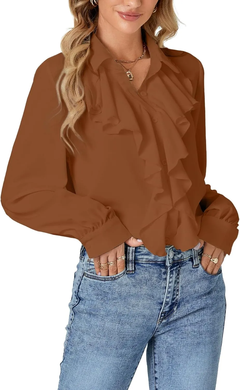 LYANER Women's Dressy Ruffle Blouse Long Sleeve Collar Neck Button Down Victorian Shirt Tops