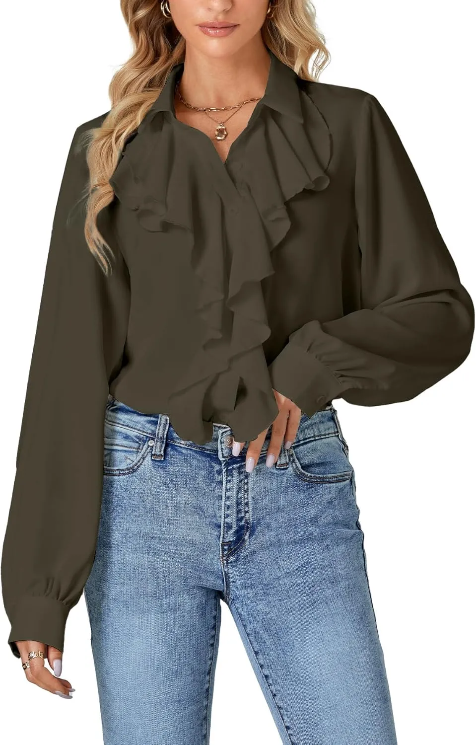 LYANER Women's Dressy Ruffle Blouse Long Sleeve Collar Neck Button Down Victorian Shirt Tops