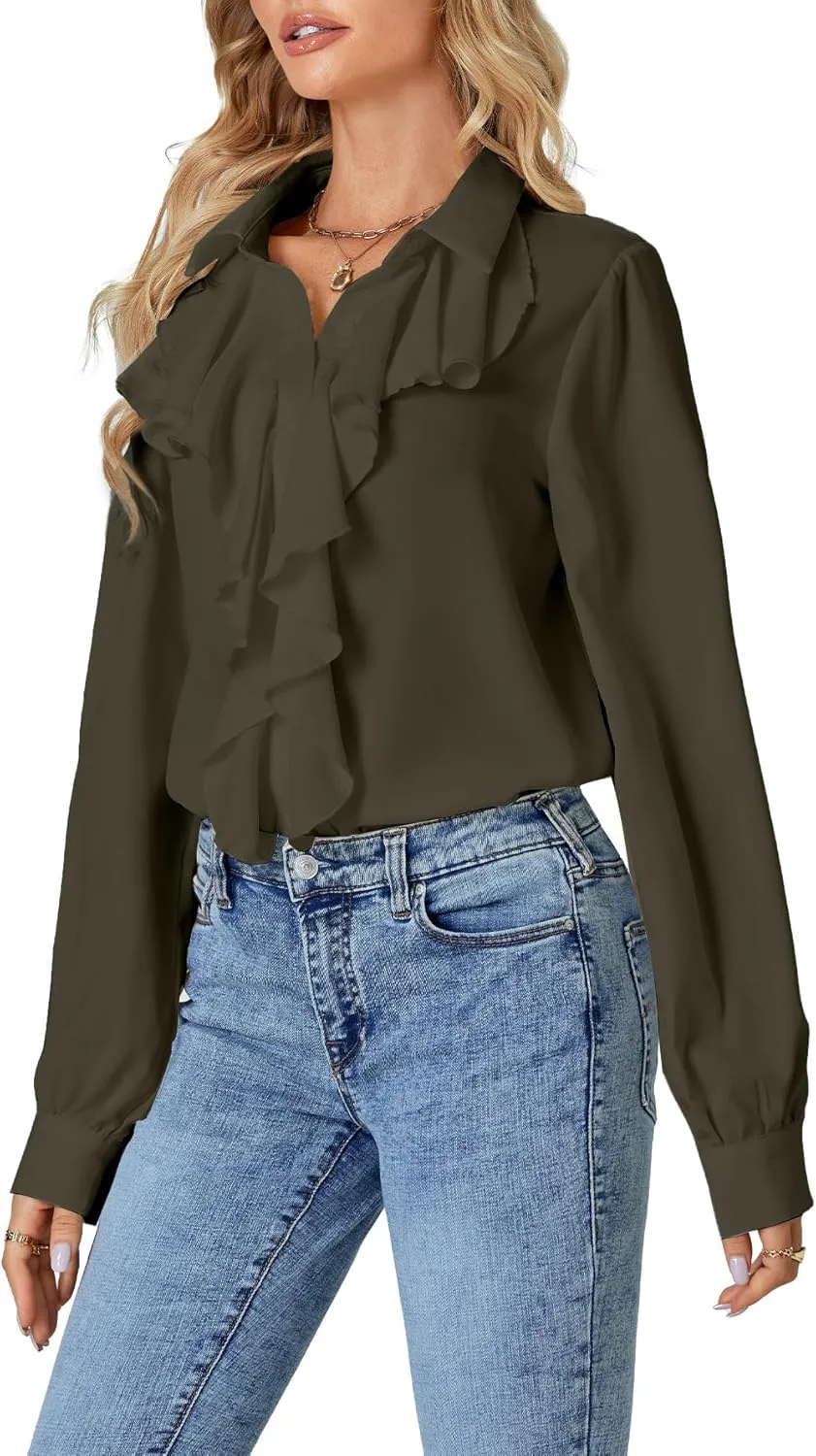 LYANER Women's Dressy Ruffle Blouse Long Sleeve Collar Neck Button Down Victorian Shirt Tops