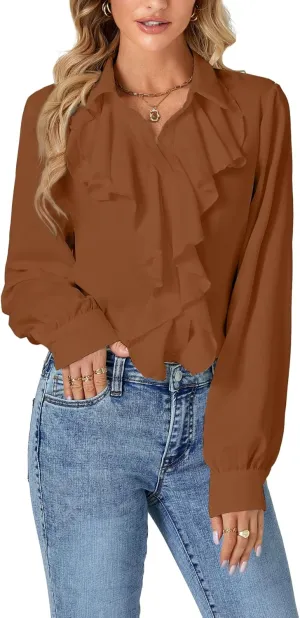 LYANER Women's Dressy Ruffle Blouse Long Sleeve Collar Neck Button Down Victorian Shirt Tops