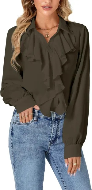 LYANER Women's Dressy Ruffle Blouse Long Sleeve Collar Neck Button Down Victorian Shirt Tops
