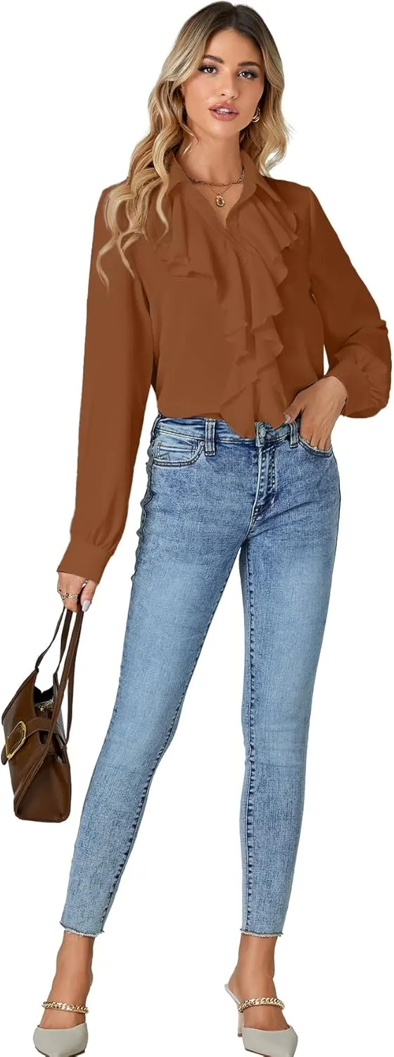 LYANER Women's Dressy Ruffle Blouse Long Sleeve Collar Neck Button Down Victorian Shirt Tops
