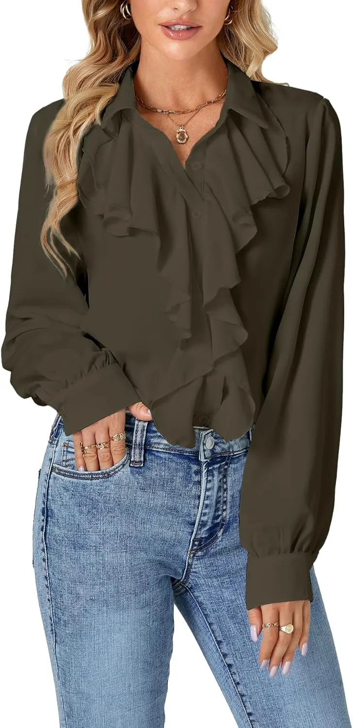 LYANER Women's Dressy Ruffle Blouse Long Sleeve Collar Neck Button Down Victorian Shirt Tops