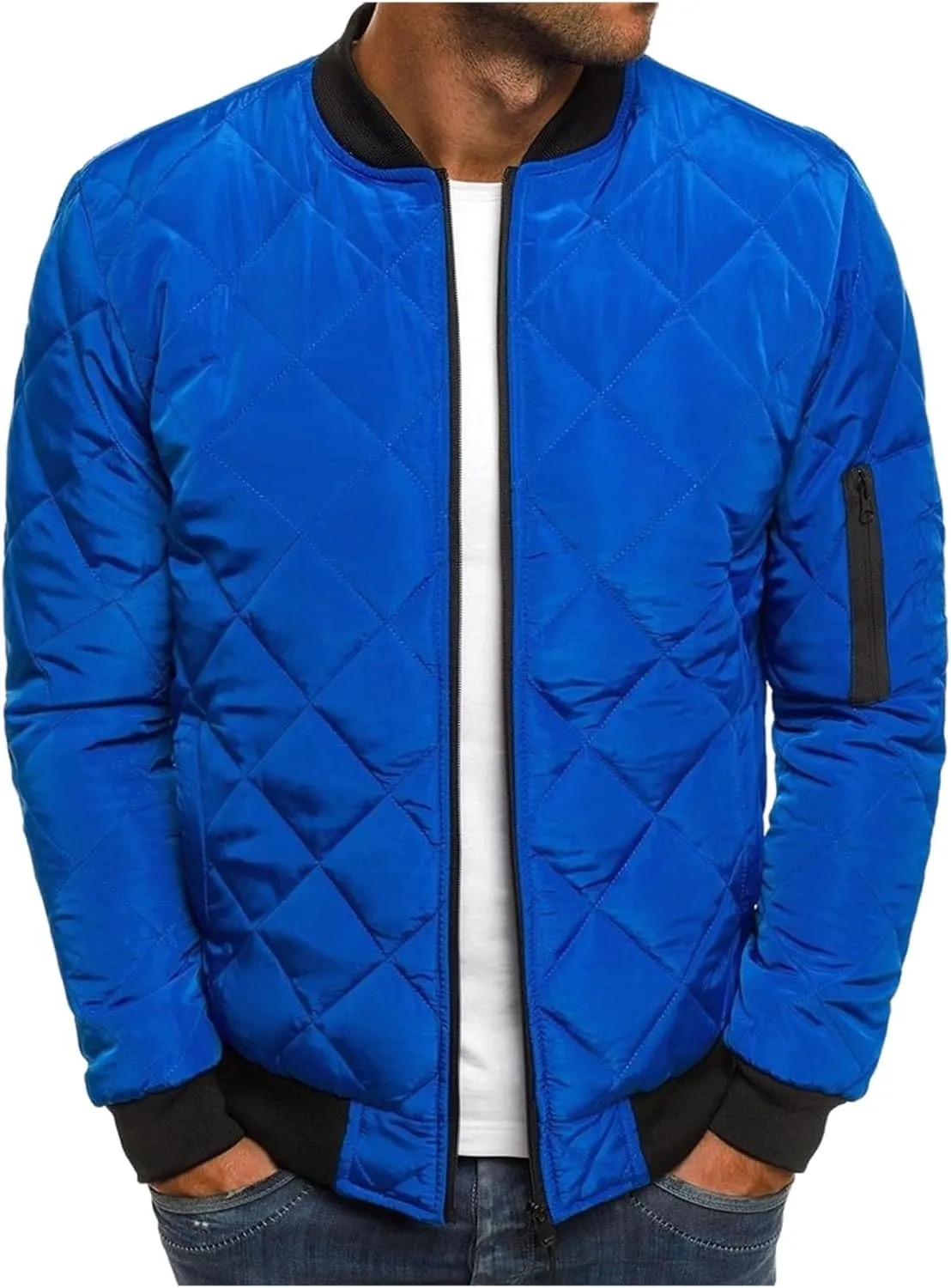 Men's Diamond Quilted Flight Bomber Jacket Lightweight Packable Warm Winter Padded Coat Varsity Multi-Purpose Outerwear