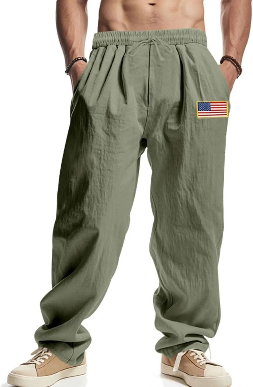 Mens Linen Pants USA Flag Fashion Vintage Loose Fit Wide Legs Trousers Drawstring Waisted Yoga Pants with Pockets