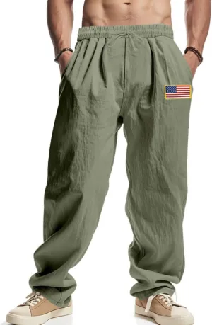 Mens Linen Pants USA Flag Fashion Vintage Loose Fit Wide Legs Trousers Drawstring Waisted Yoga Pants with Pockets