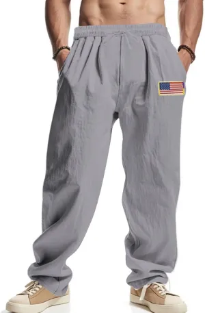 Mens Linen Pants USA Flag Fashion Vintage Loose Fit Wide Legs Trousers Drawstring Waisted Yoga Pants with Pockets