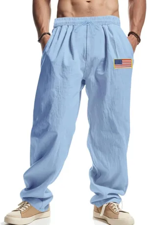 Mens Linen Pants USA Flag Fashion Vintage Loose Fit Wide Legs Trousers Drawstring Waisted Yoga Pants with Pockets