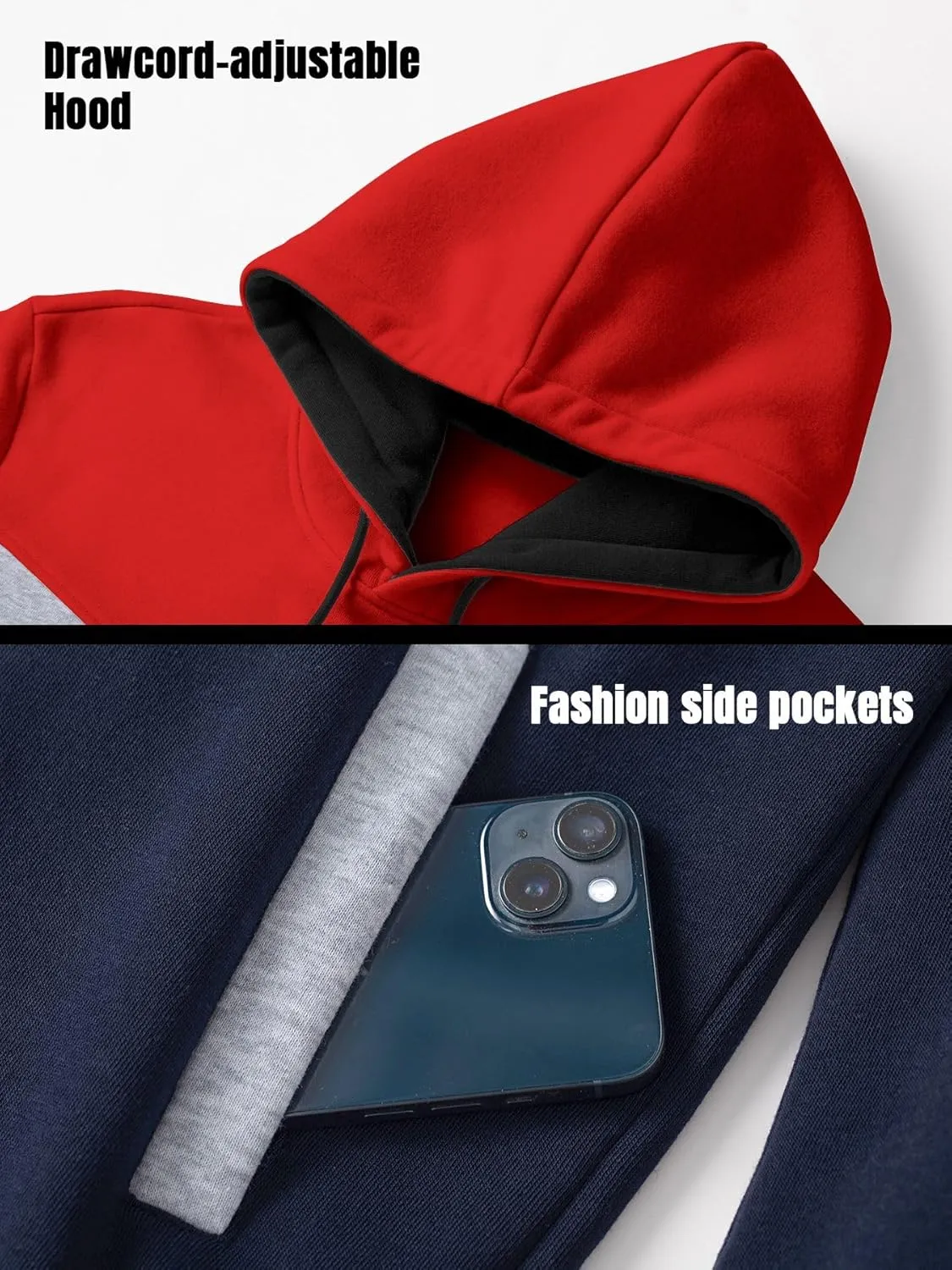 Men's Pullover Fleece Hoodie Sweatshirt Color Block Long Sleeve Novelty Casual Hoodies with Pockets