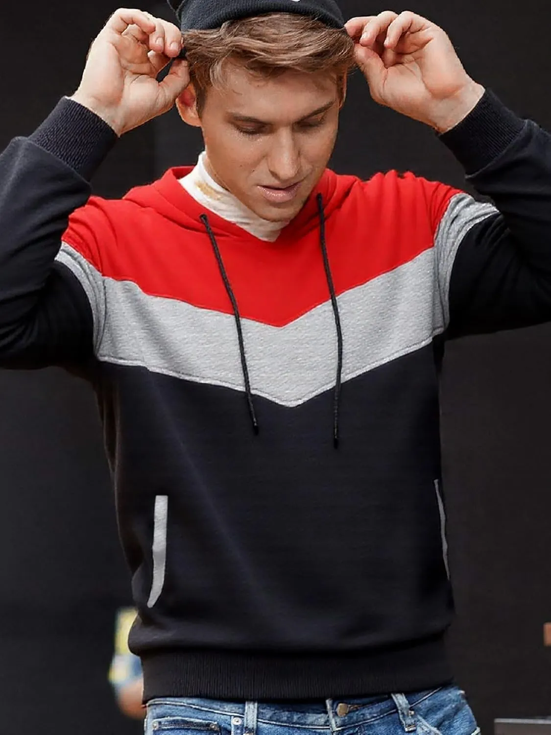 Men's Pullover Fleece Hoodie Sweatshirt Color Block Long Sleeve Novelty Casual Hoodies with Pockets