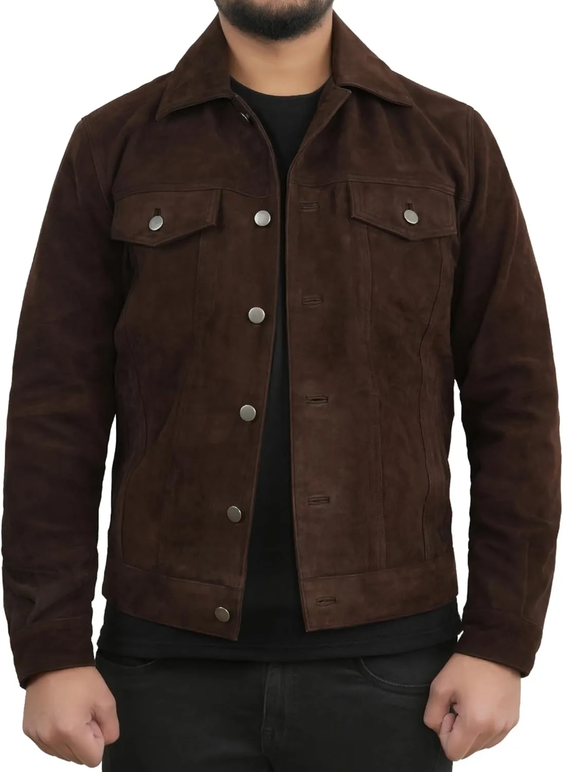 Men's Suede Leather Jacket | Genuine Suede Leather Trucker Jacket Shirt Collar Slim Fit Denim Style