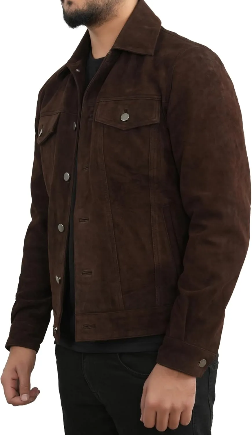 Men's Suede Leather Jacket | Genuine Suede Leather Trucker Jacket Shirt Collar Slim Fit Denim Style