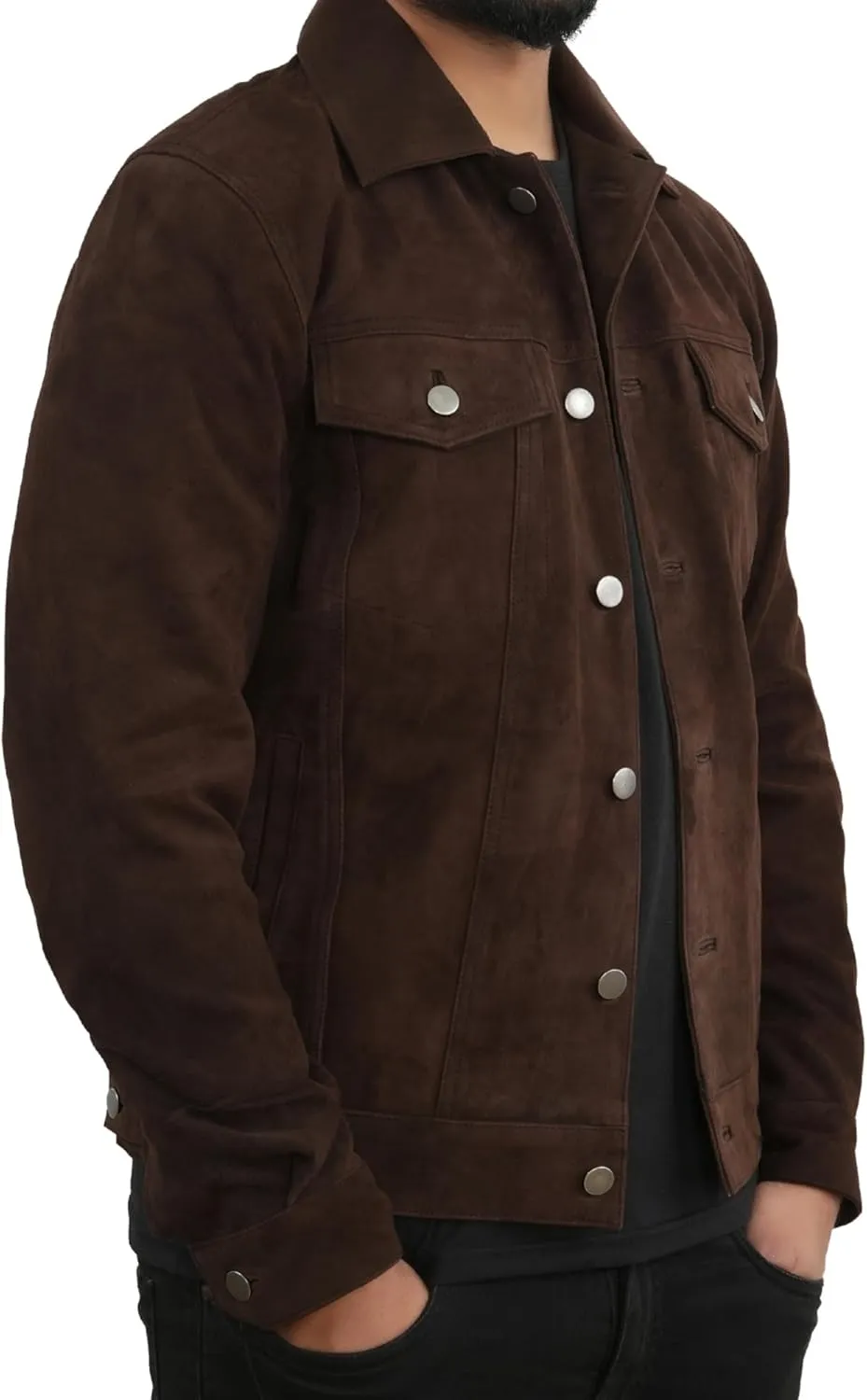 Men's Suede Leather Jacket | Genuine Suede Leather Trucker Jacket Shirt Collar Slim Fit Denim Style