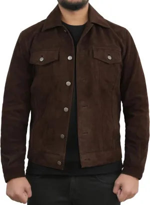 Men's Suede Leather Jacket | Genuine Suede Leather Trucker Jacket Shirt Collar Slim Fit Denim Style