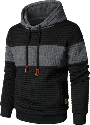 Mens Sweatshirts Long Sleeve Pullover Patchwork Plaid Jacquard Hoodie Casual Drawstring Hoody Top