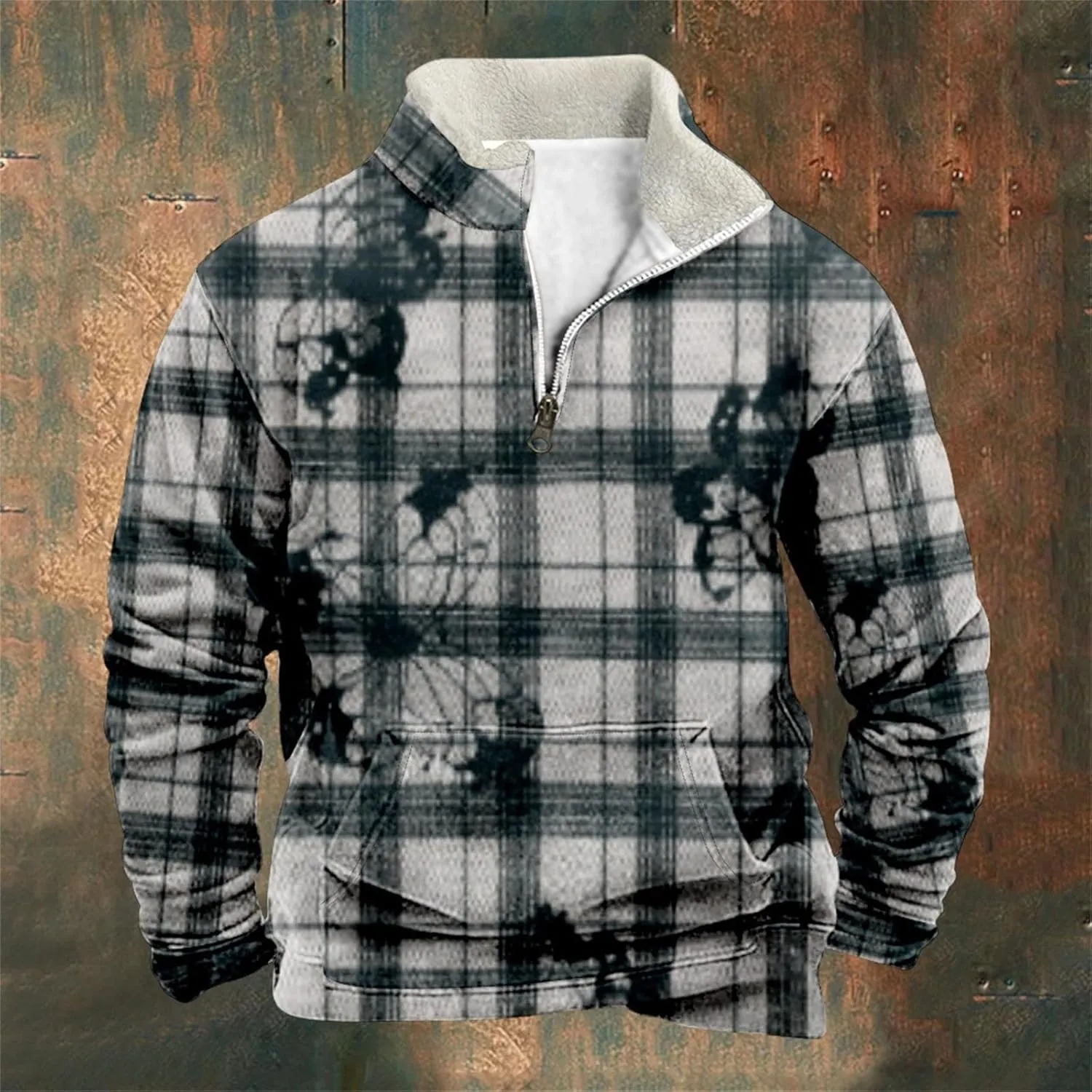 Mens Waffle Shirt Corduroy Lapel Collar Pullover Casual Long Sleeve Henley Shirts Lapel Collar Mens Fleece Pullover