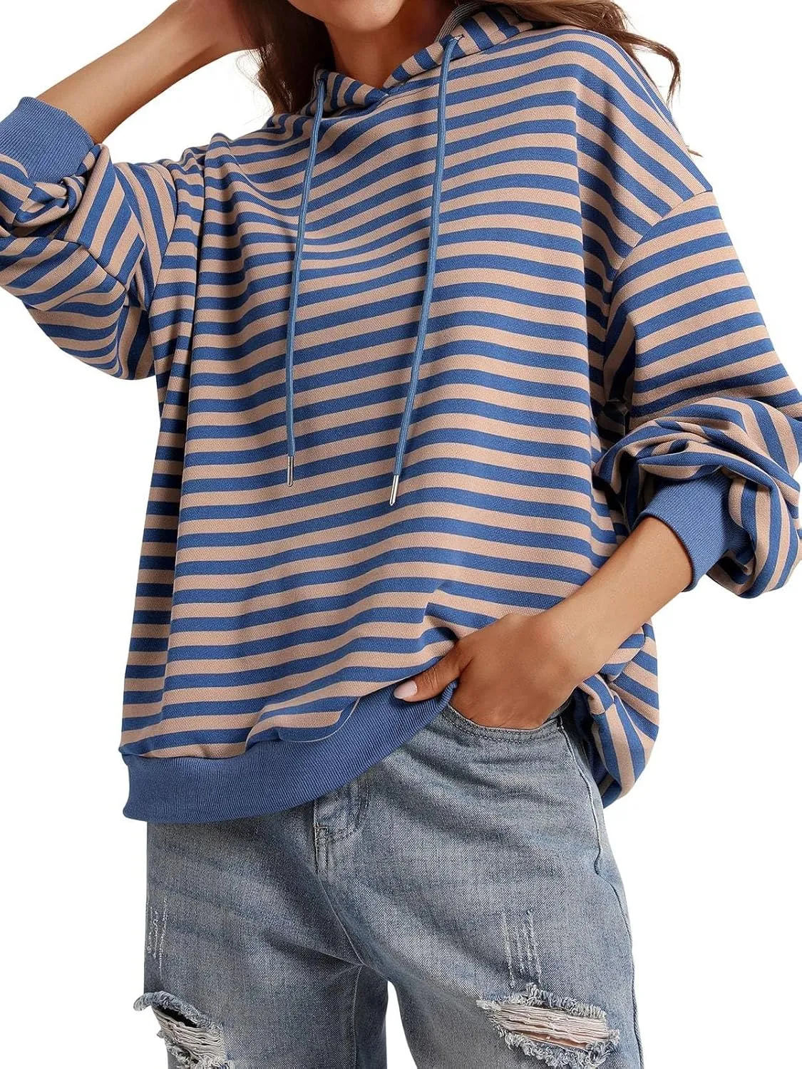 PINKMSTYLE Womens Oversized Hoodies Pullover Striped Sweatshirts Fall Long Sleeve Tops Trendy Outfits