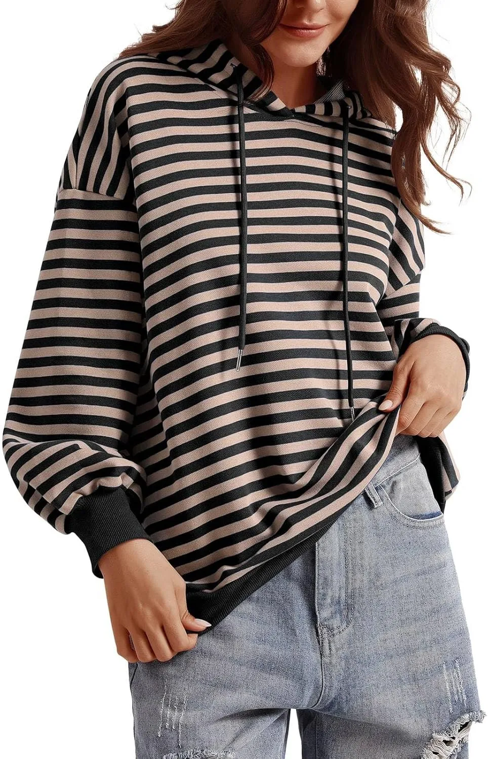 PINKMSTYLE Womens Oversized Hoodies Pullover Striped Sweatshirts Fall Long Sleeve Tops Trendy Outfits