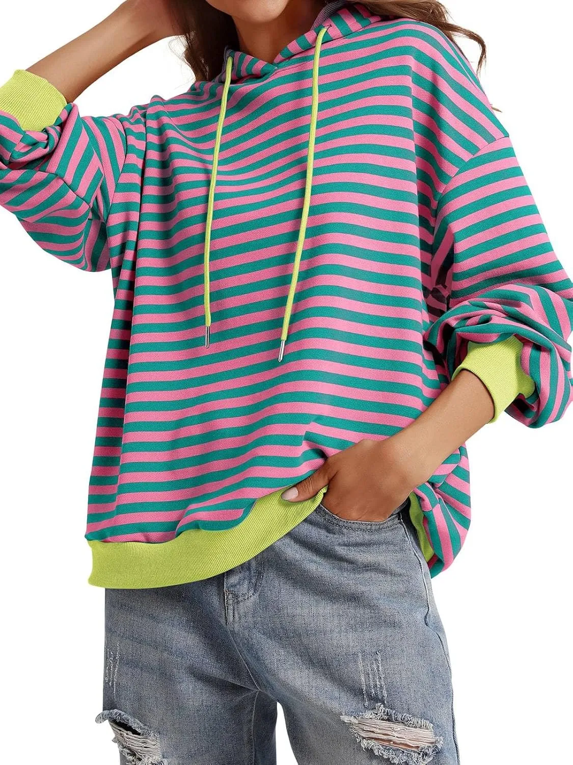 PINKMSTYLE Womens Oversized Hoodies Pullover Striped Sweatshirts Fall Long Sleeve Tops Trendy Outfits