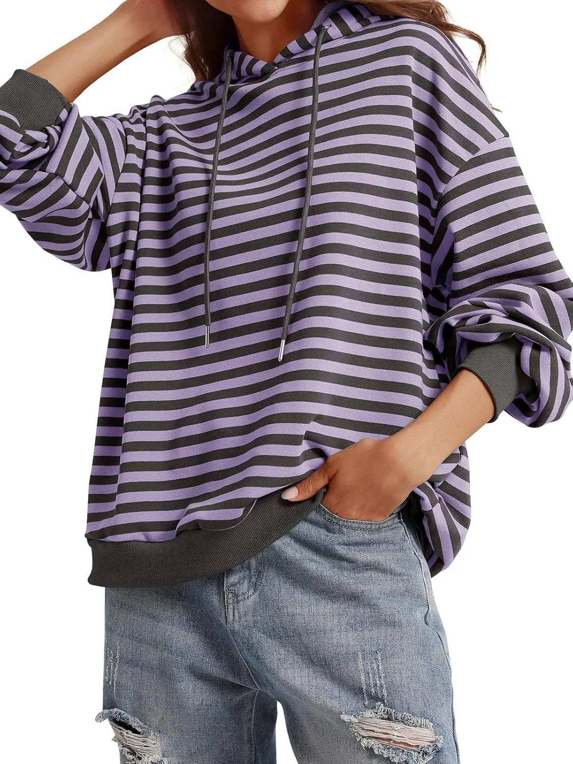 PINKMSTYLE Womens Oversized Hoodies Pullover Striped Sweatshirts Fall Long Sleeve Tops Trendy Outfits